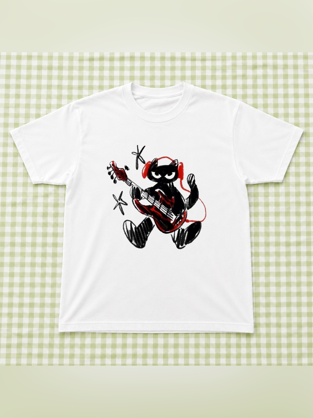 White Men’s Graphic T-Shirt with Red & Black Rock Cat Design